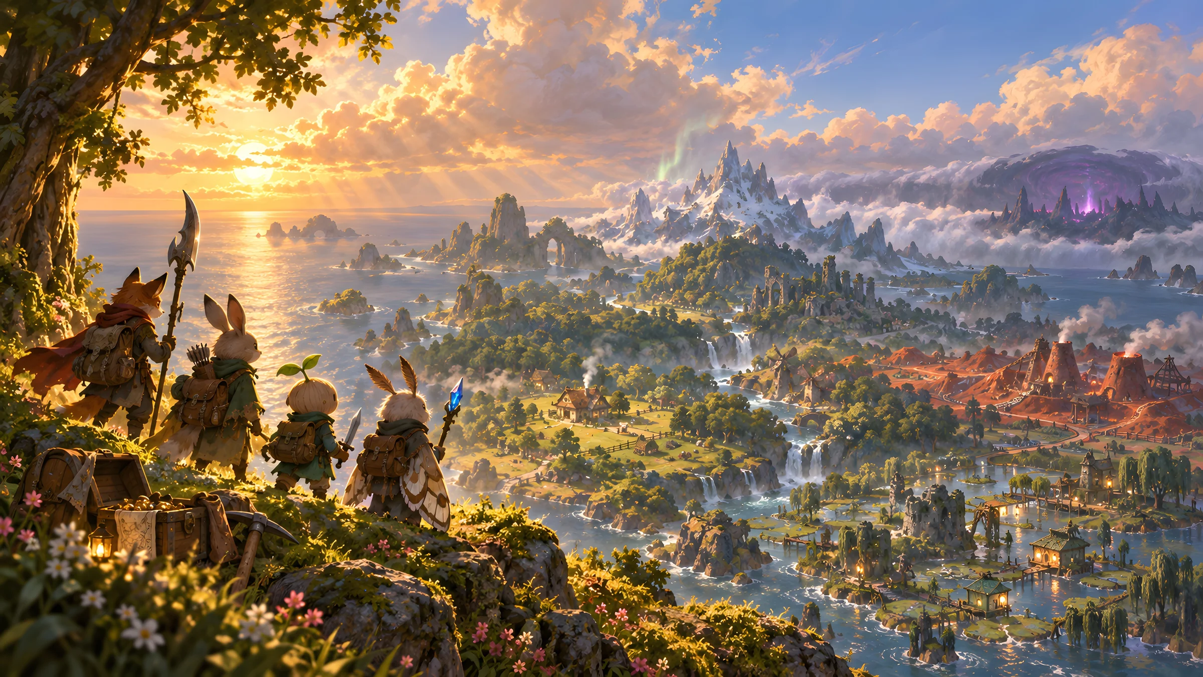 Four small adventurers on a hill above a sunlit island